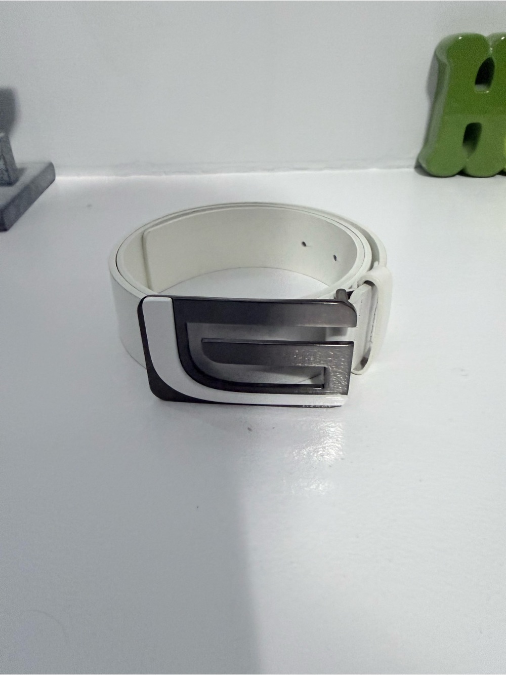 White Leather Belt with Silver Geometric Buckle